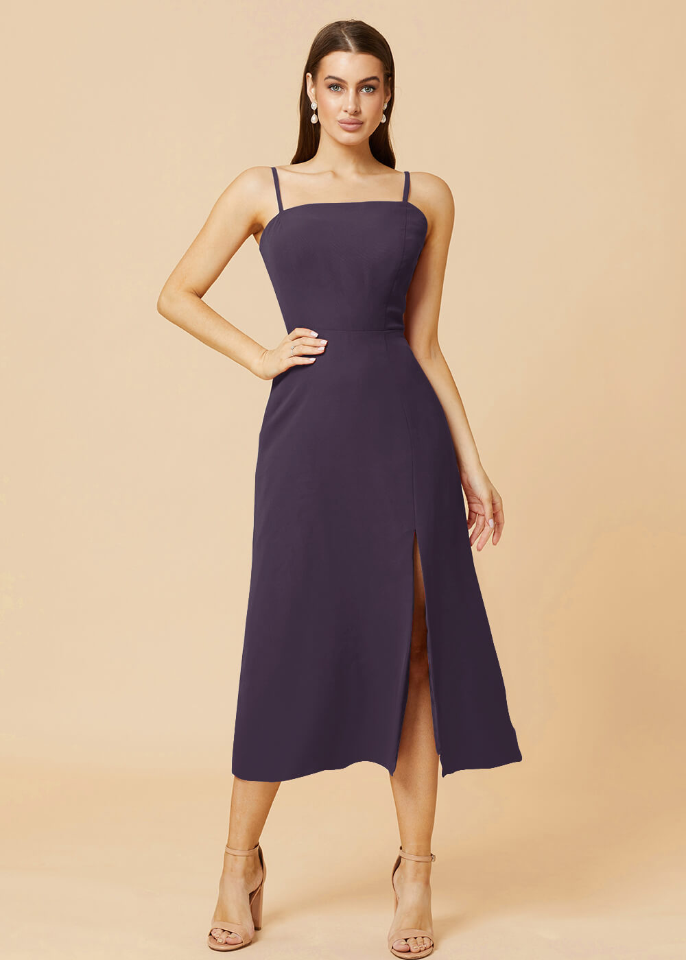 Straight Neck Strap Tea Length Bridesmaid Dress