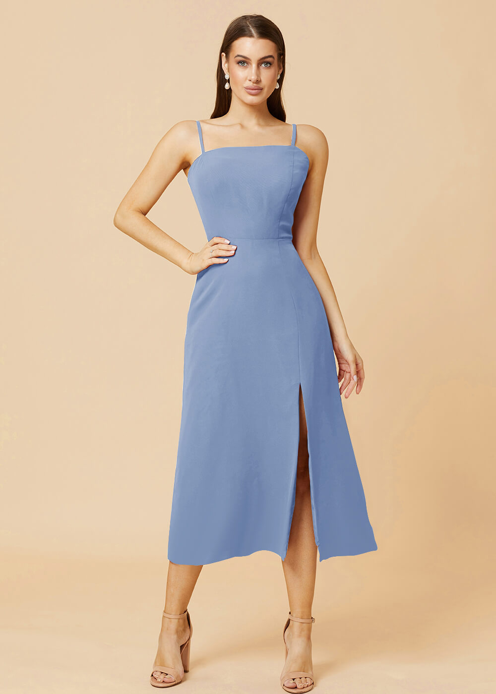 Straight Neck Strap Tea Length Bridesmaid Dress