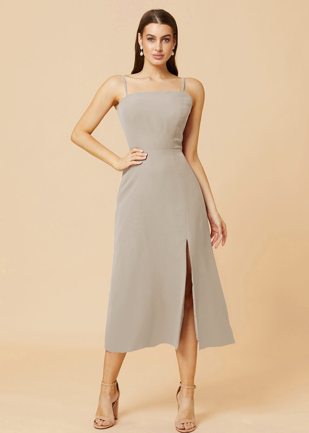 Straight Neck Strap Tea Length Bridesmaid Dress