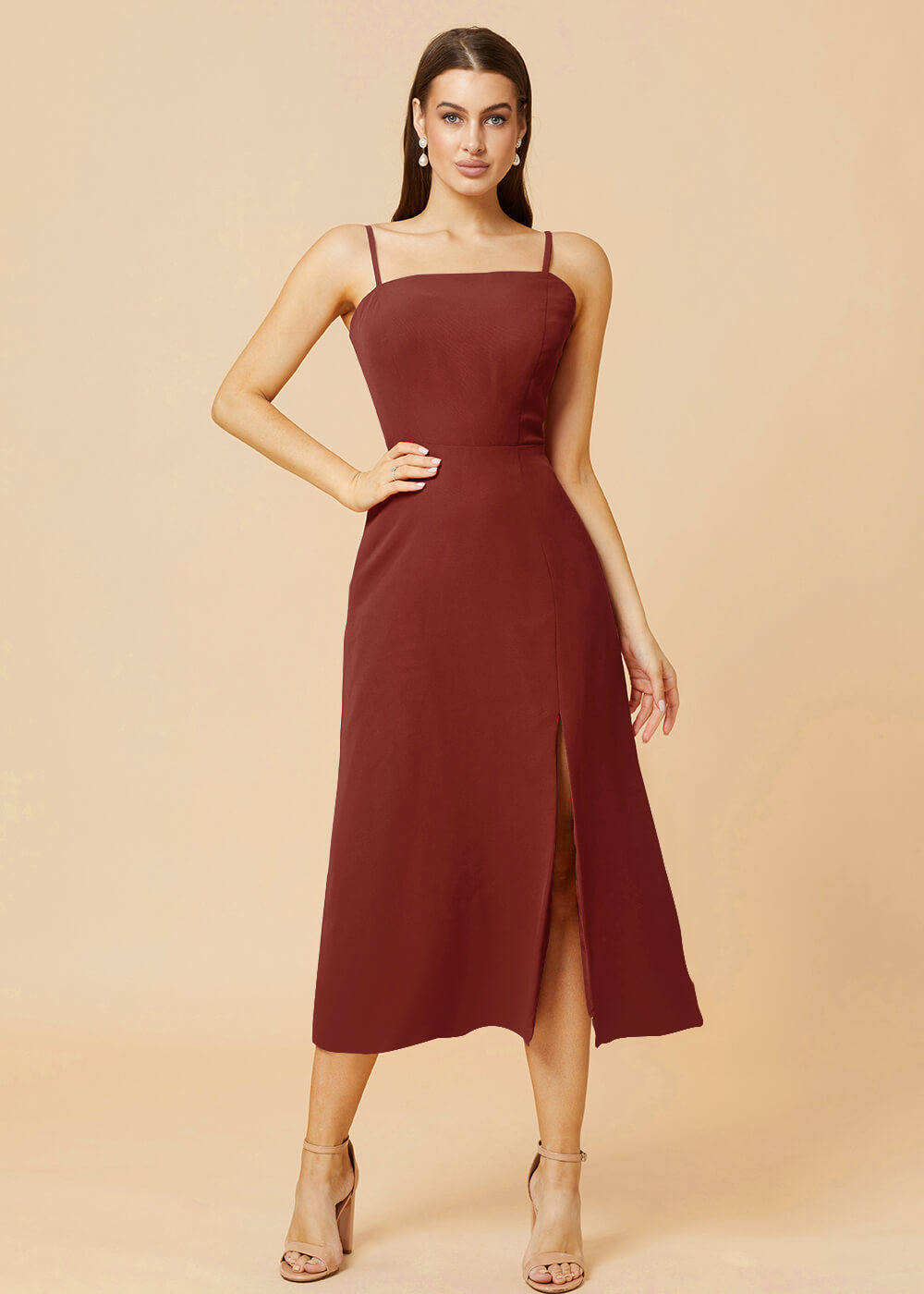 Straight Neck Strap Tea Length Bridesmaid Dress
