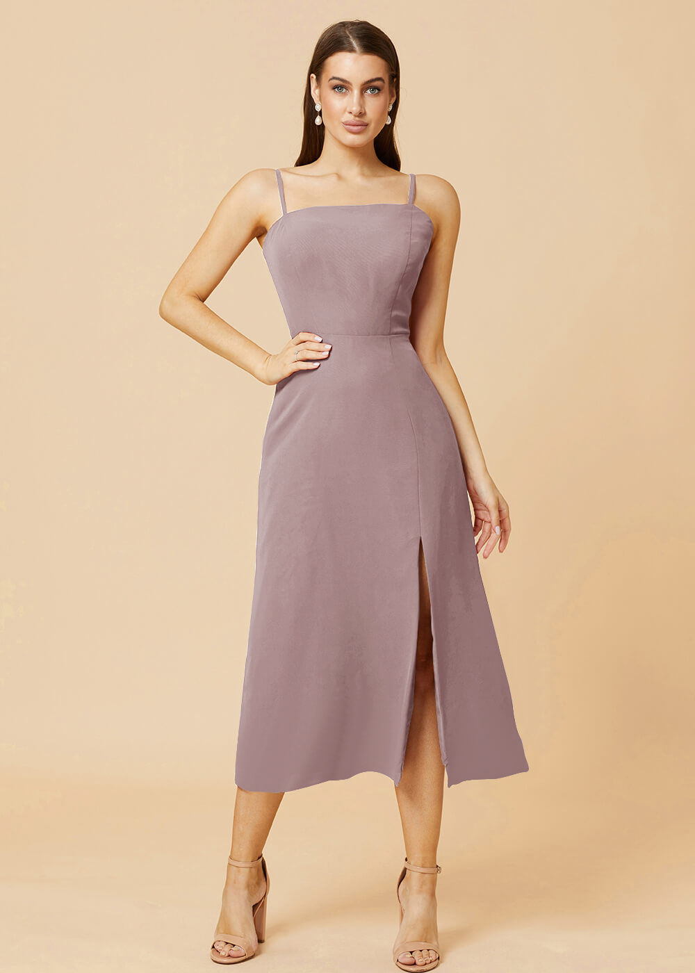 Straight Neck Strap Tea Length Bridesmaid Dress