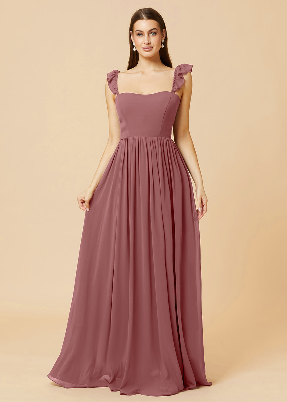 Square Neck A-line Chiffon Long Bridesmaid Dress
