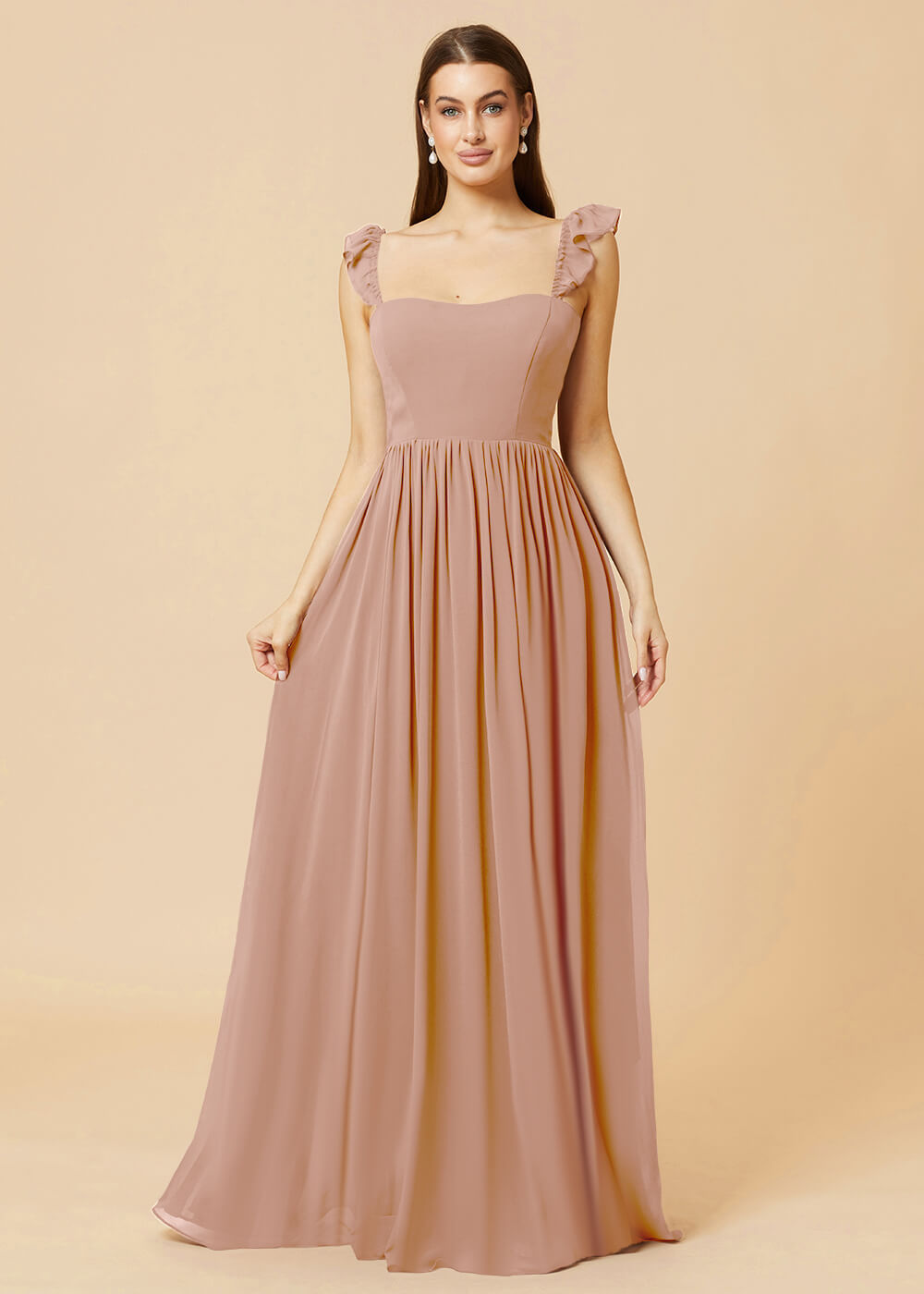Square Neck A-line Chiffon Long Bridesmaid Dress