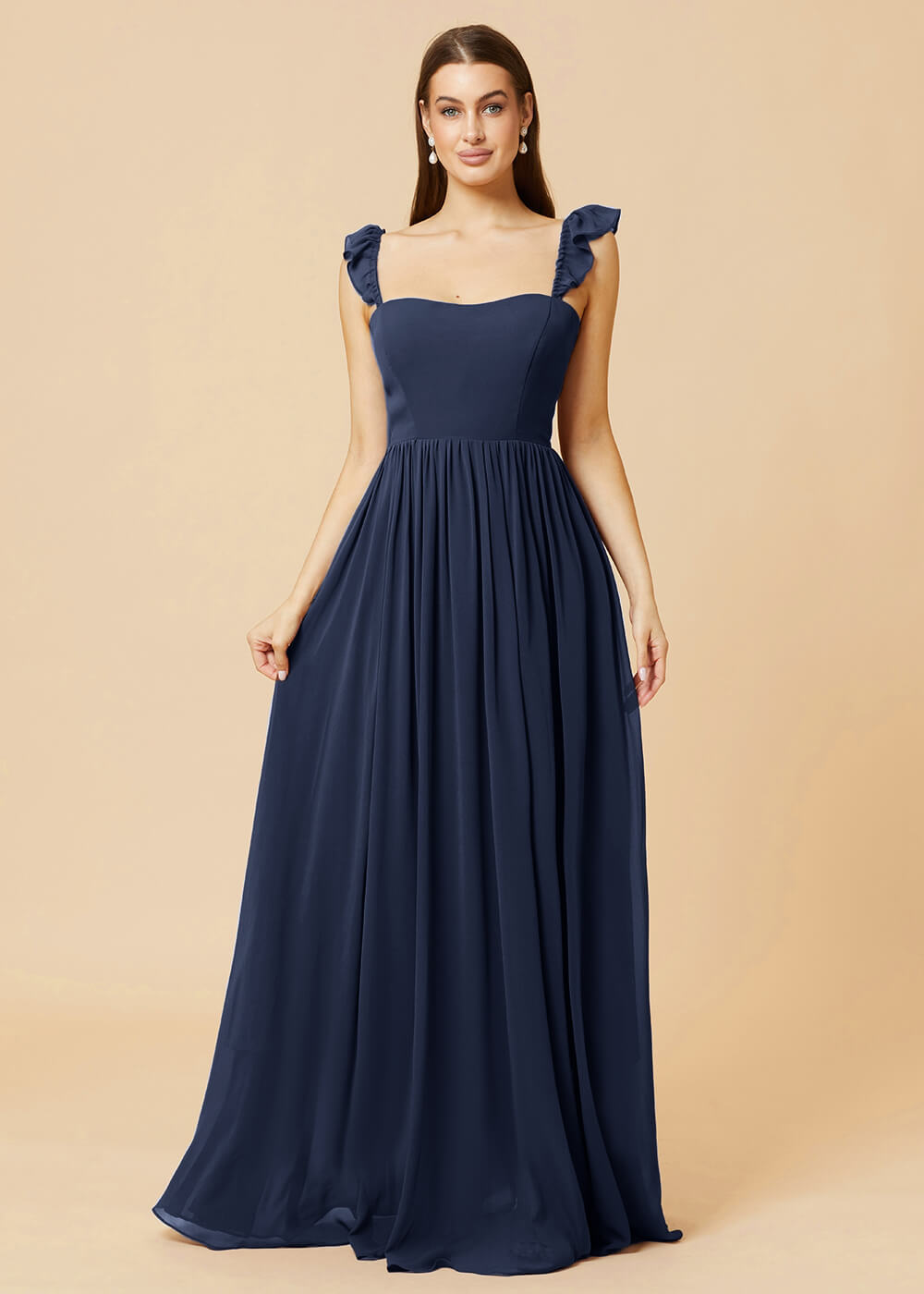 Square Neck A-line Chiffon Long Bridesmaid Dress