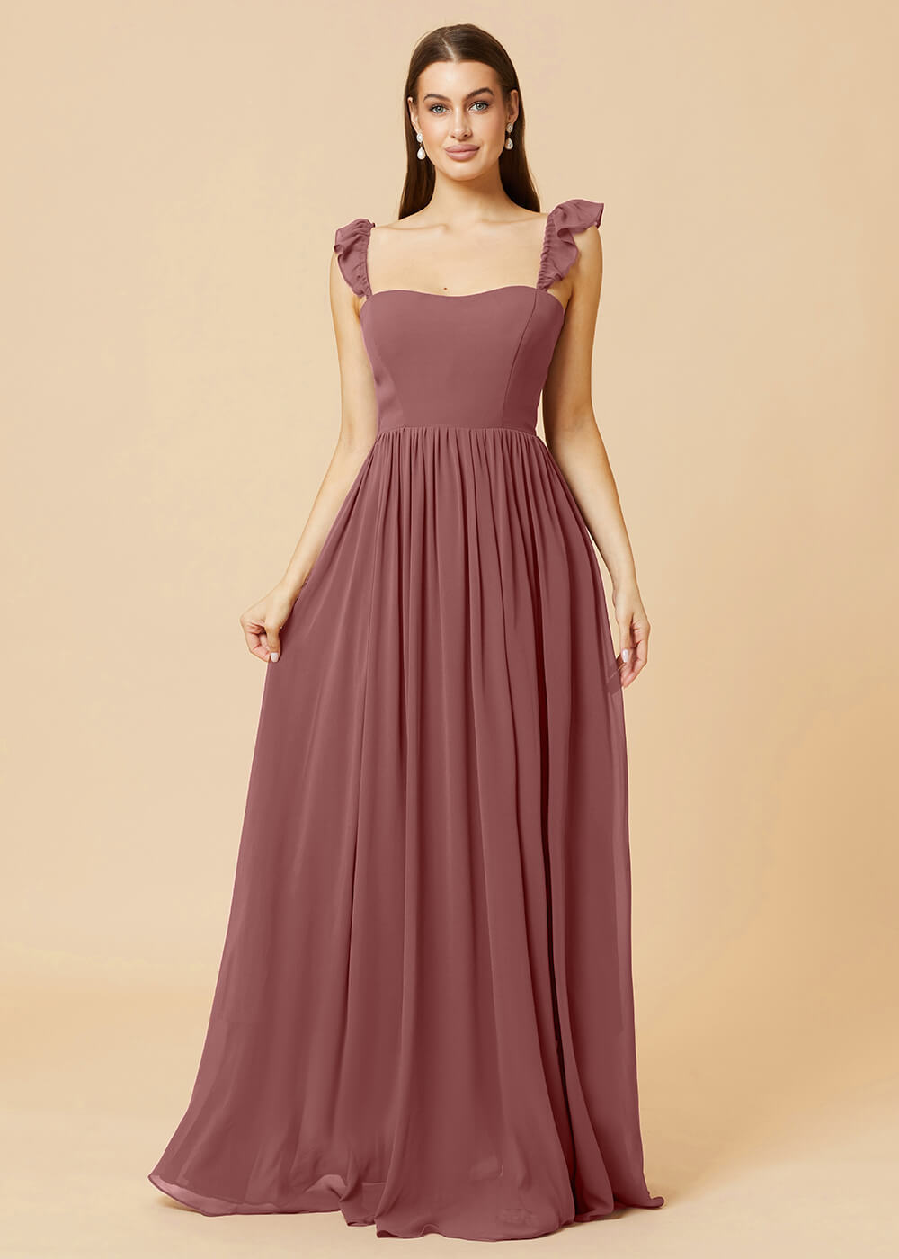 Square Neck A-line Chiffon Long Bridesmaid Dress