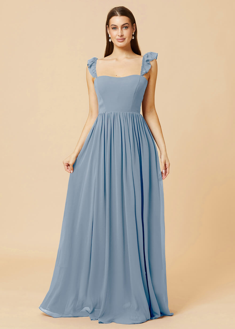 Square Neck A-line Chiffon Long Bridesmaid Dress