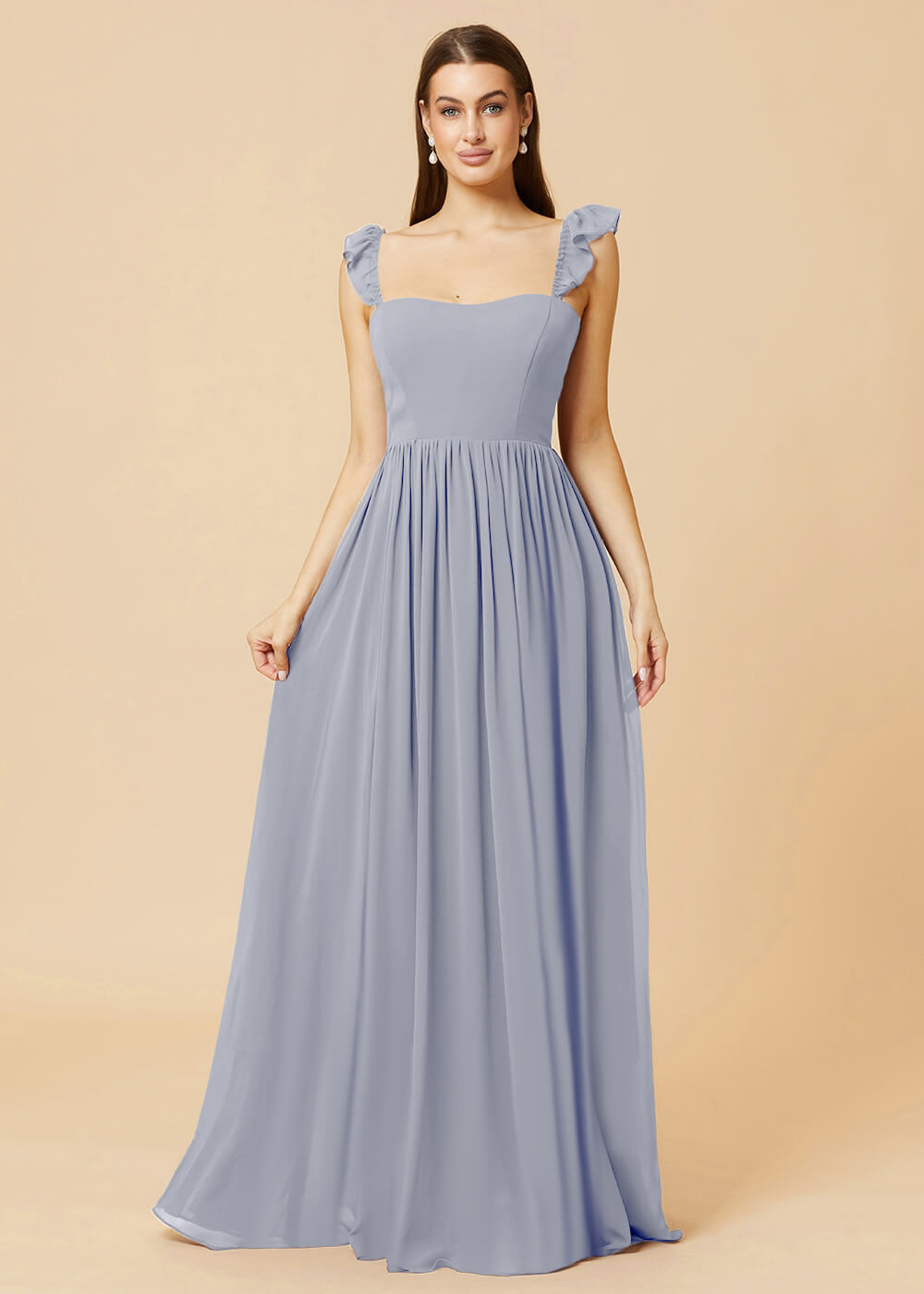Square Neck A-line Chiffon Long Bridesmaid Dress
