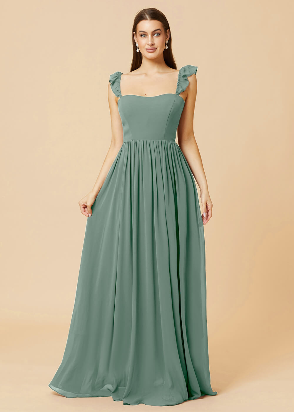 Square Neck A-line Chiffon Long Bridesmaid Dress