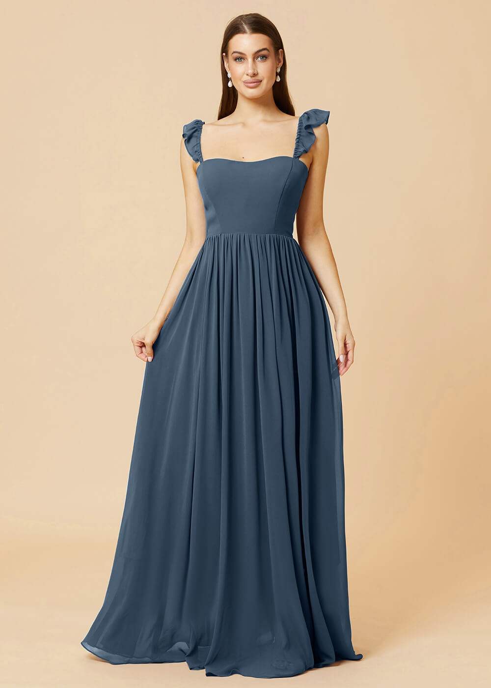 Square Neck A-line Chiffon Long Bridesmaid Dress