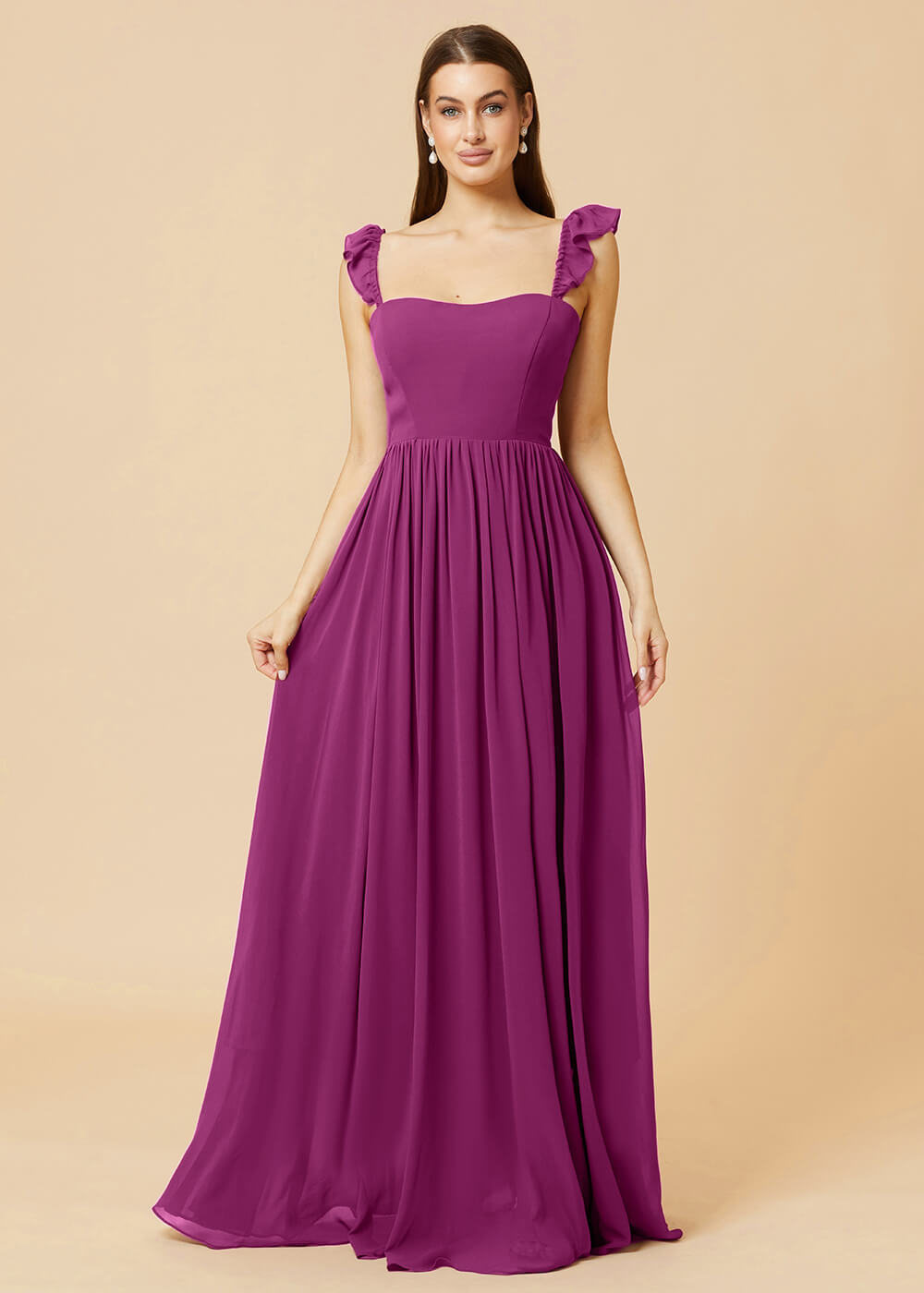 Square Neck A-line Chiffon Long Bridesmaid Dress