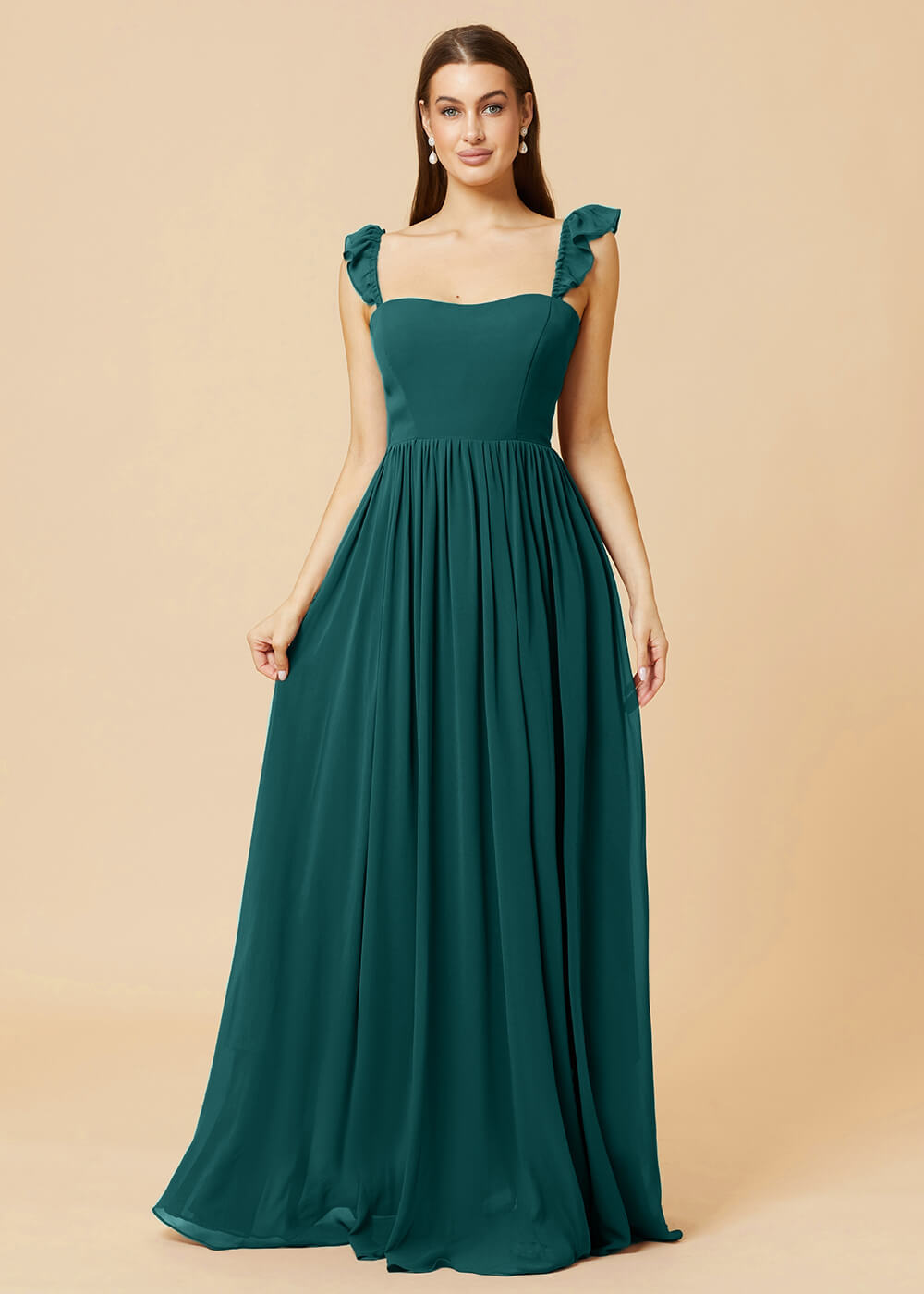Square Neck A-line Chiffon Long Bridesmaid Dress