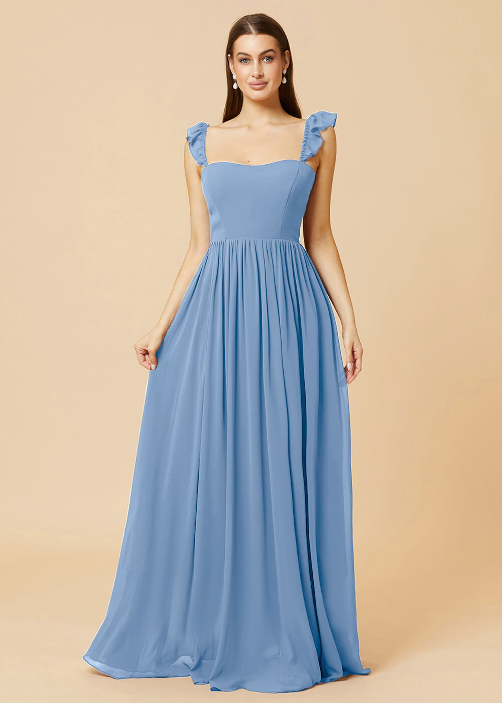 Square Neck A-line Chiffon Long Bridesmaid Dress