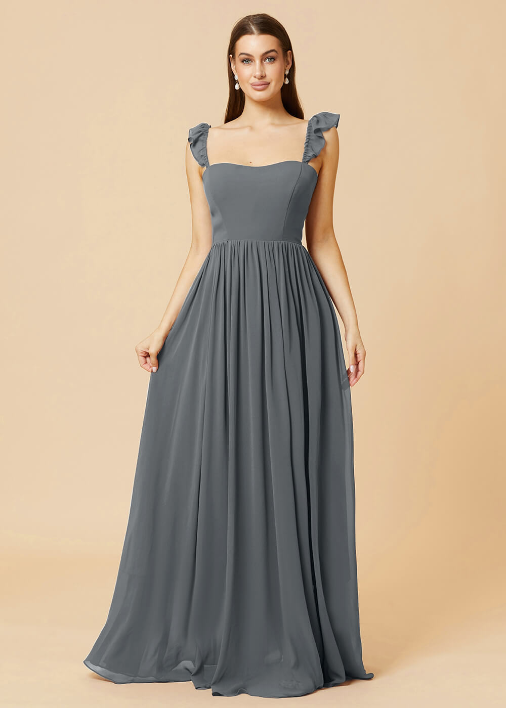 Square Neck A-line Chiffon Long Bridesmaid Dress