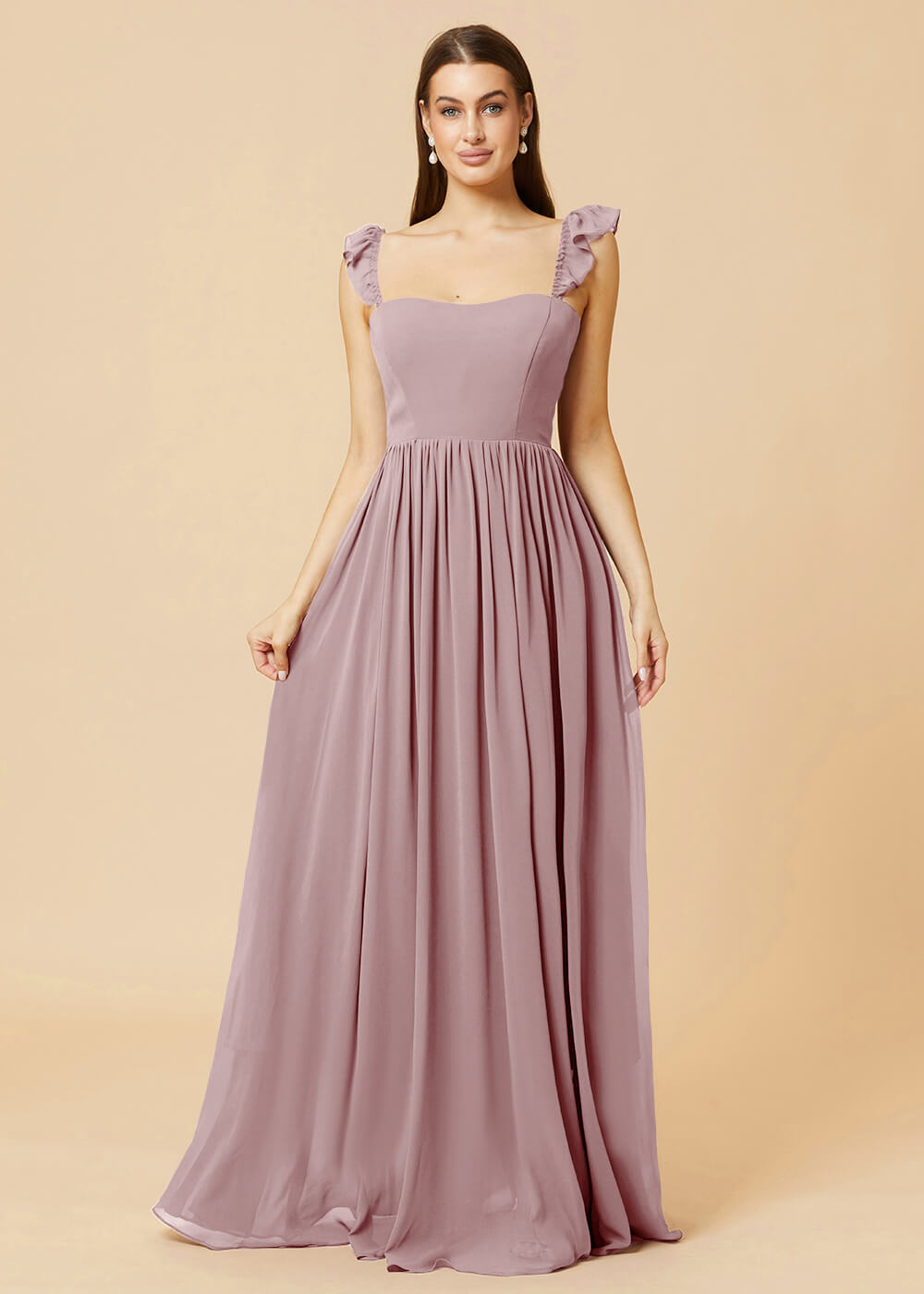 Square Neck A-line Chiffon Long Bridesmaid Dress