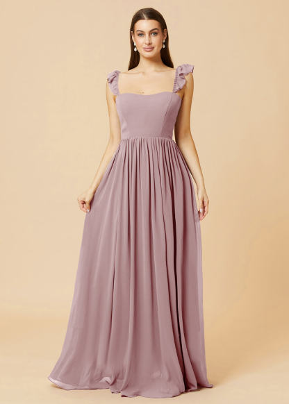 Square Neck A-line Chiffon Long Bridesmaid Dress