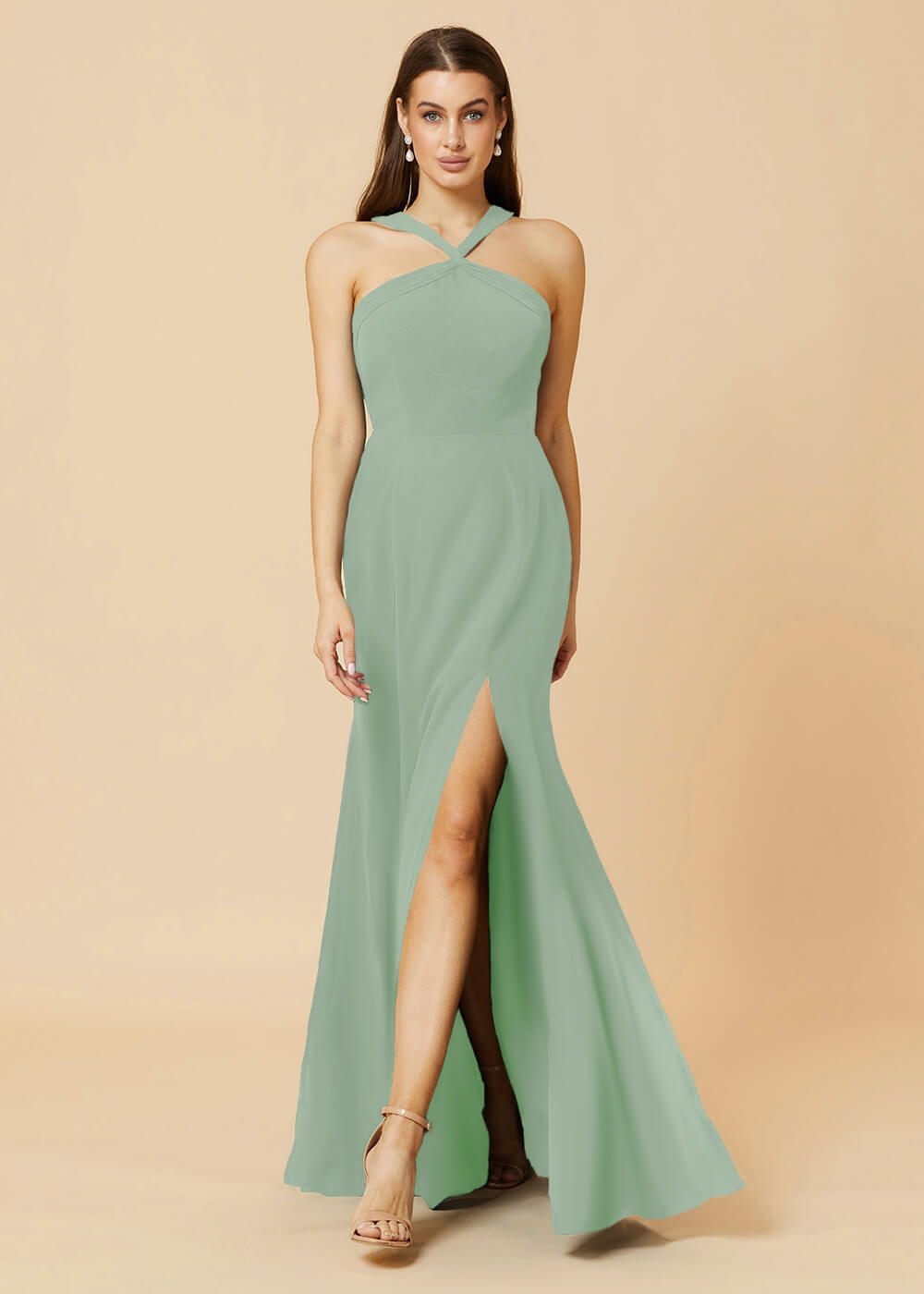 Halter Neck Sheath Chiffon Maxi Bridesmaid Dress