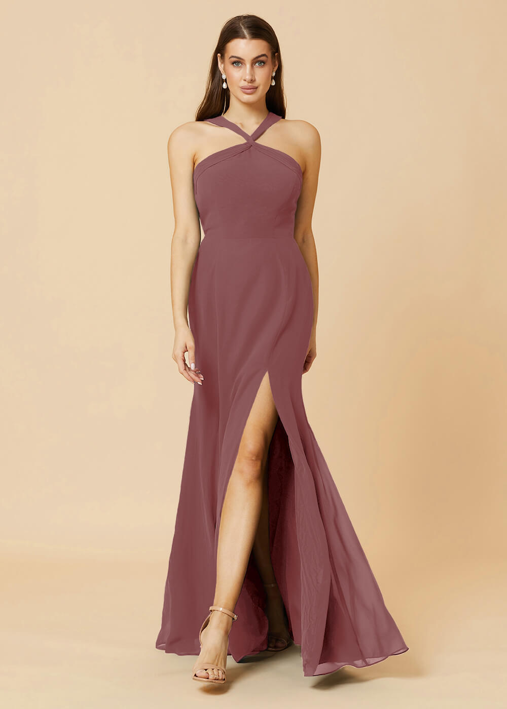 Halter Neck Sheath Chiffon Maxi Bridesmaid Dress