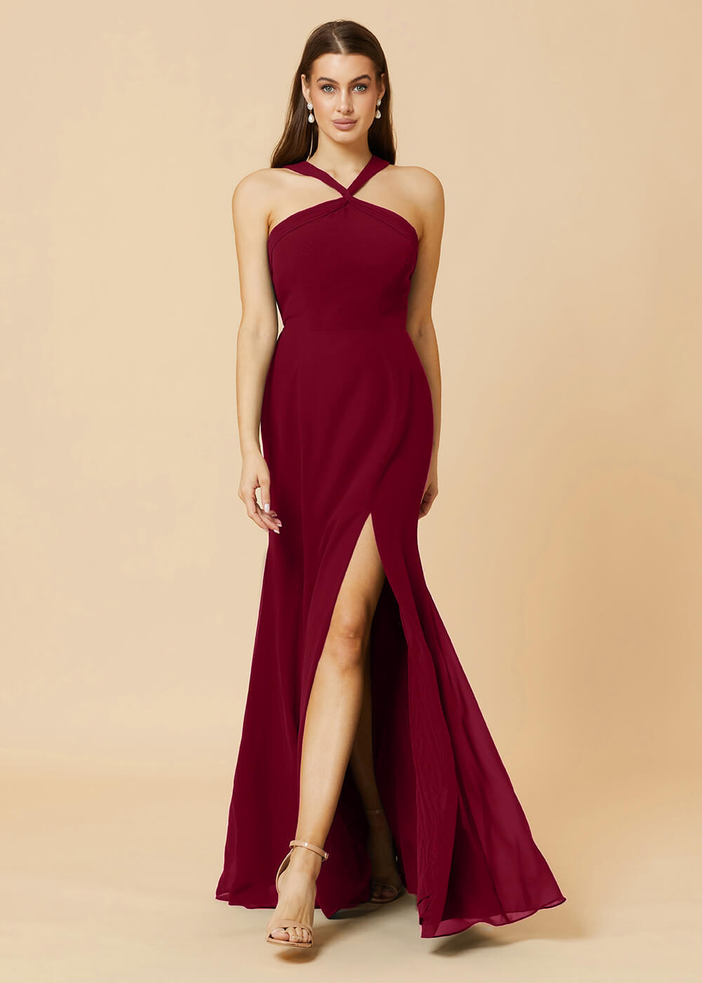 Halter Neck Sheath Chiffon Maxi Bridesmaid Dress