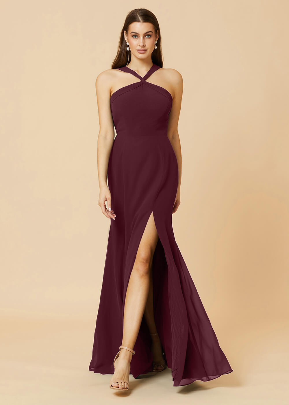 Halter Neck Sheath Chiffon Maxi Bridesmaid Dress
