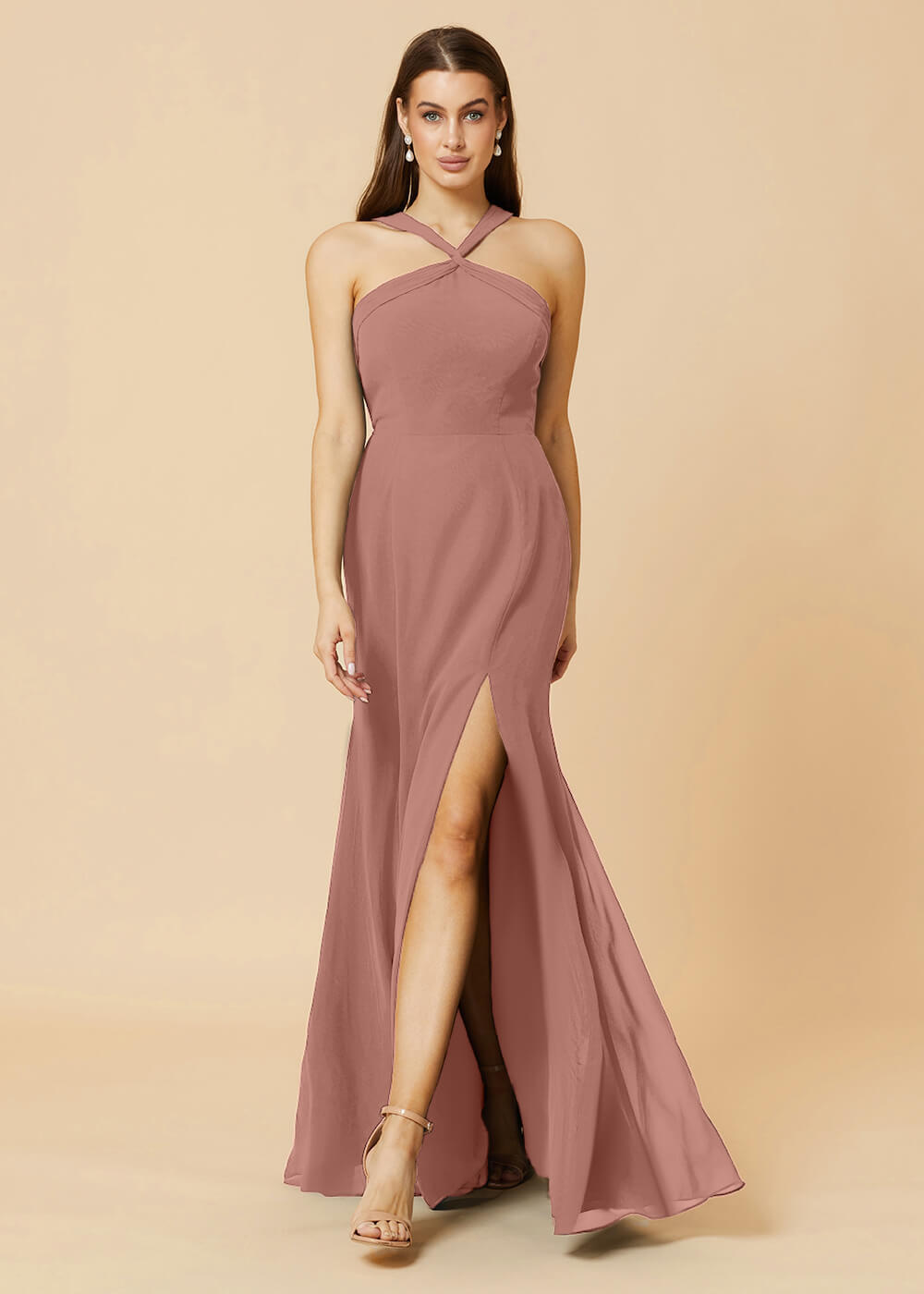 Halter Neck Sheath Chiffon Maxi Bridesmaid Dress