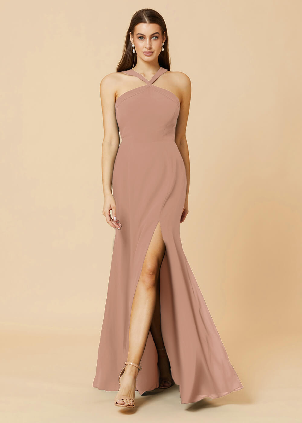 Halter Neck Sheath Chiffon Maxi Bridesmaid Dress