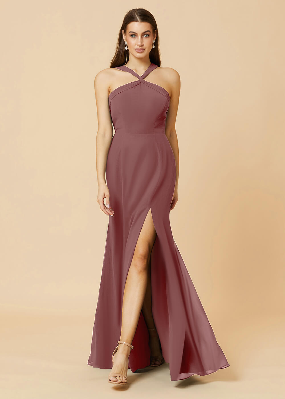 Halter Neck Sheath Chiffon Maxi Bridesmaid Dress
