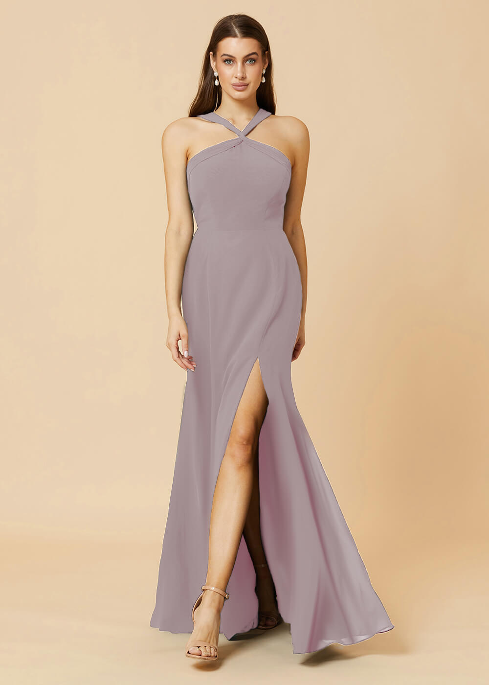 Halter Neck Sheath Chiffon Maxi Bridesmaid Dress