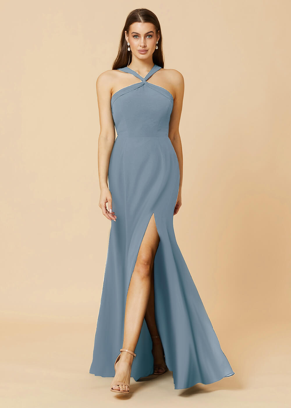 Halter Neck Sheath Chiffon Maxi Bridesmaid Dress