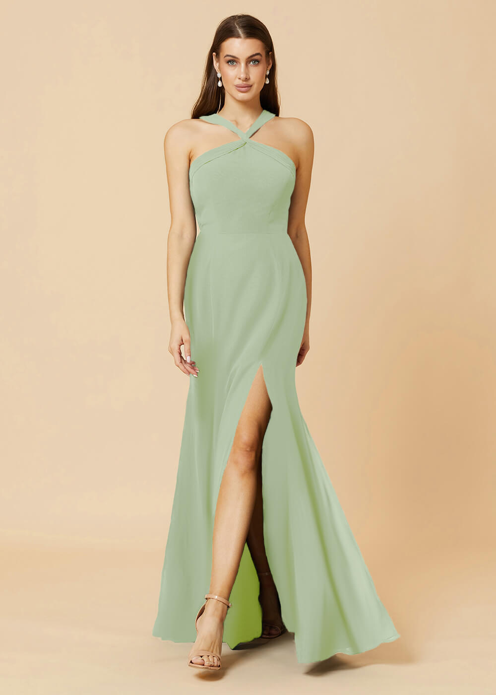 Halter Neck Sheath Chiffon Maxi Bridesmaid Dress