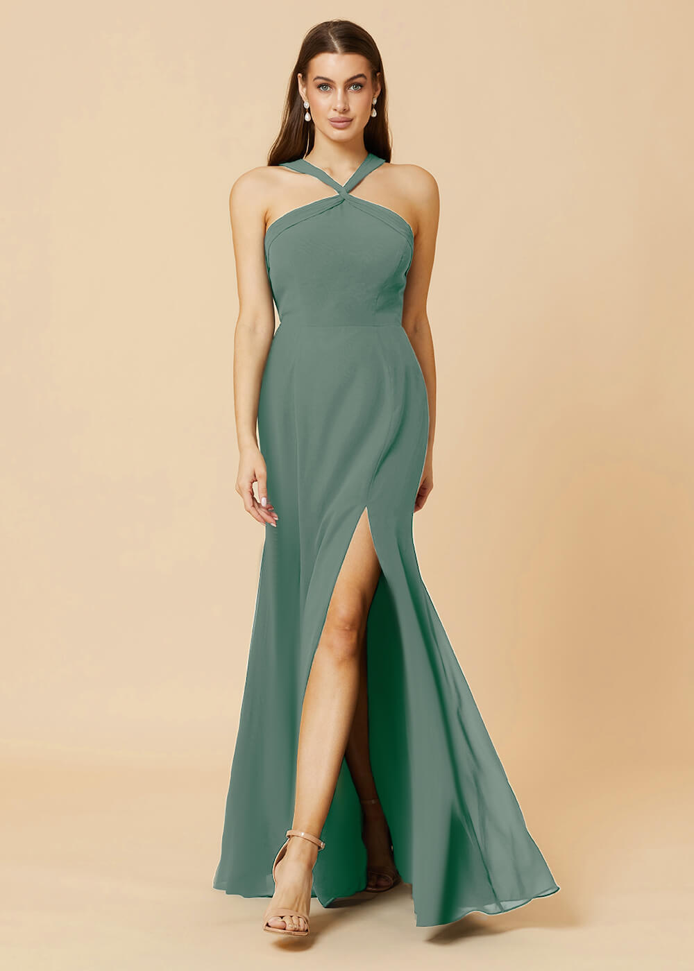 Halter Neck Sheath Chiffon Maxi Bridesmaid Dress