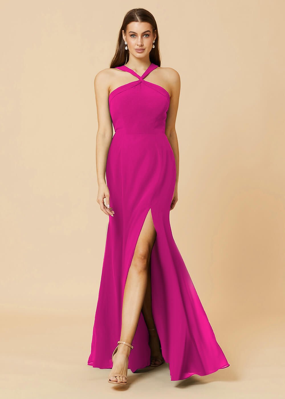 Halter Neck Sheath Chiffon Maxi Bridesmaid Dress