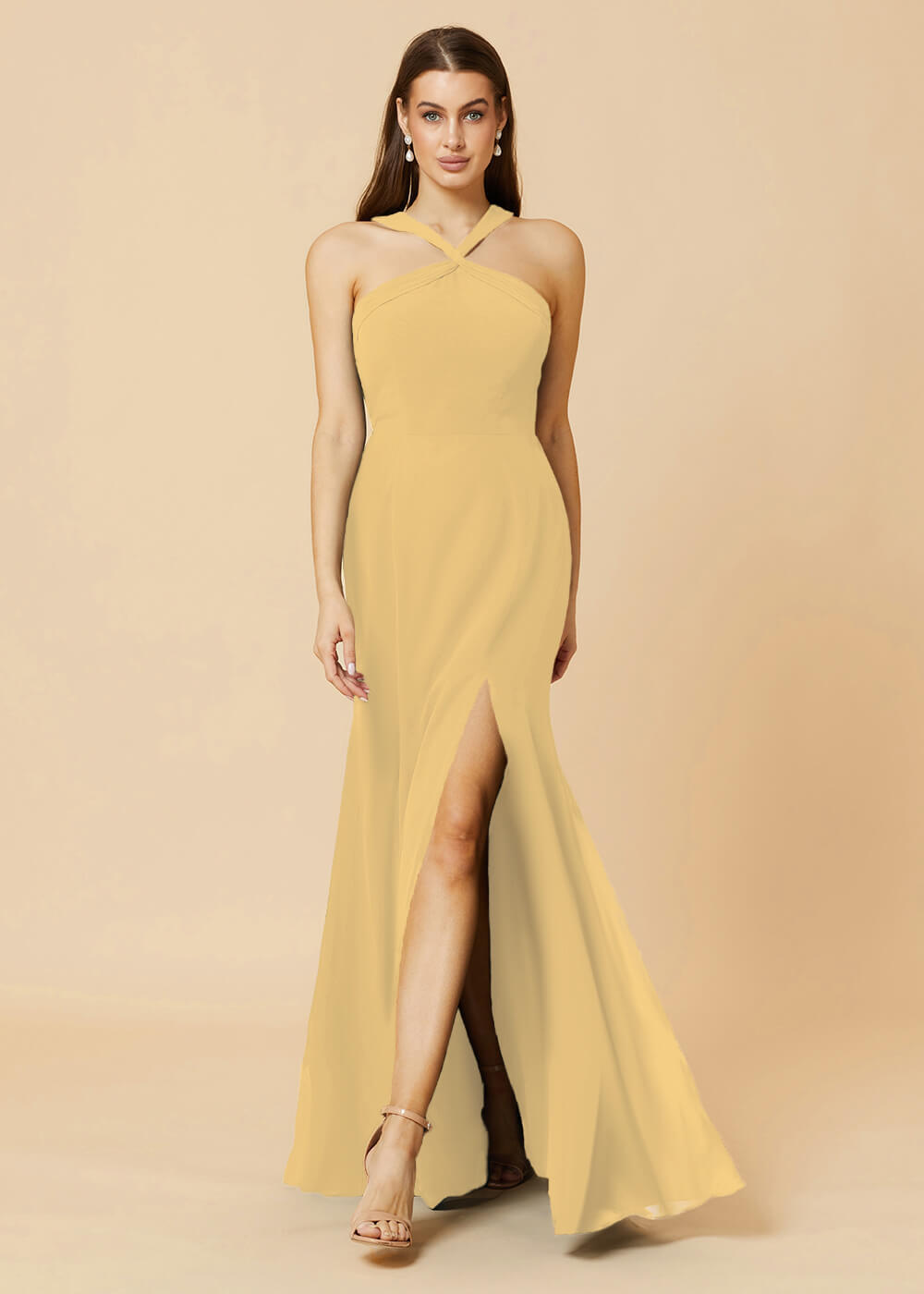 Halter Neck Sheath Chiffon Maxi Bridesmaid Dress