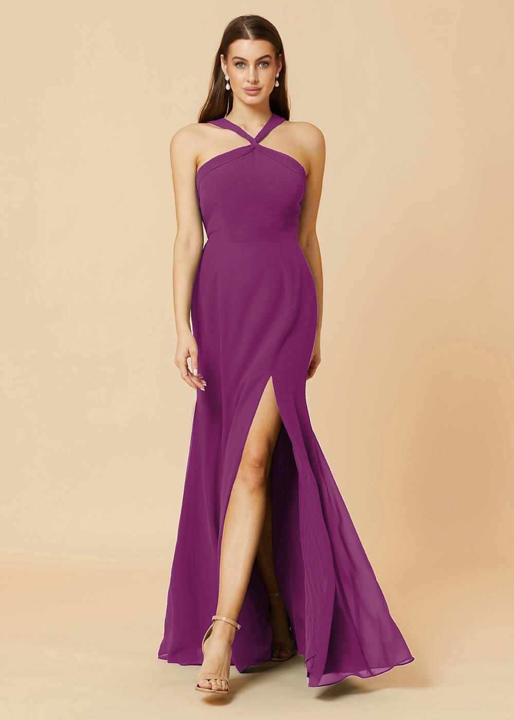 Halter Neck Sheath Chiffon Maxi Bridesmaid Dress