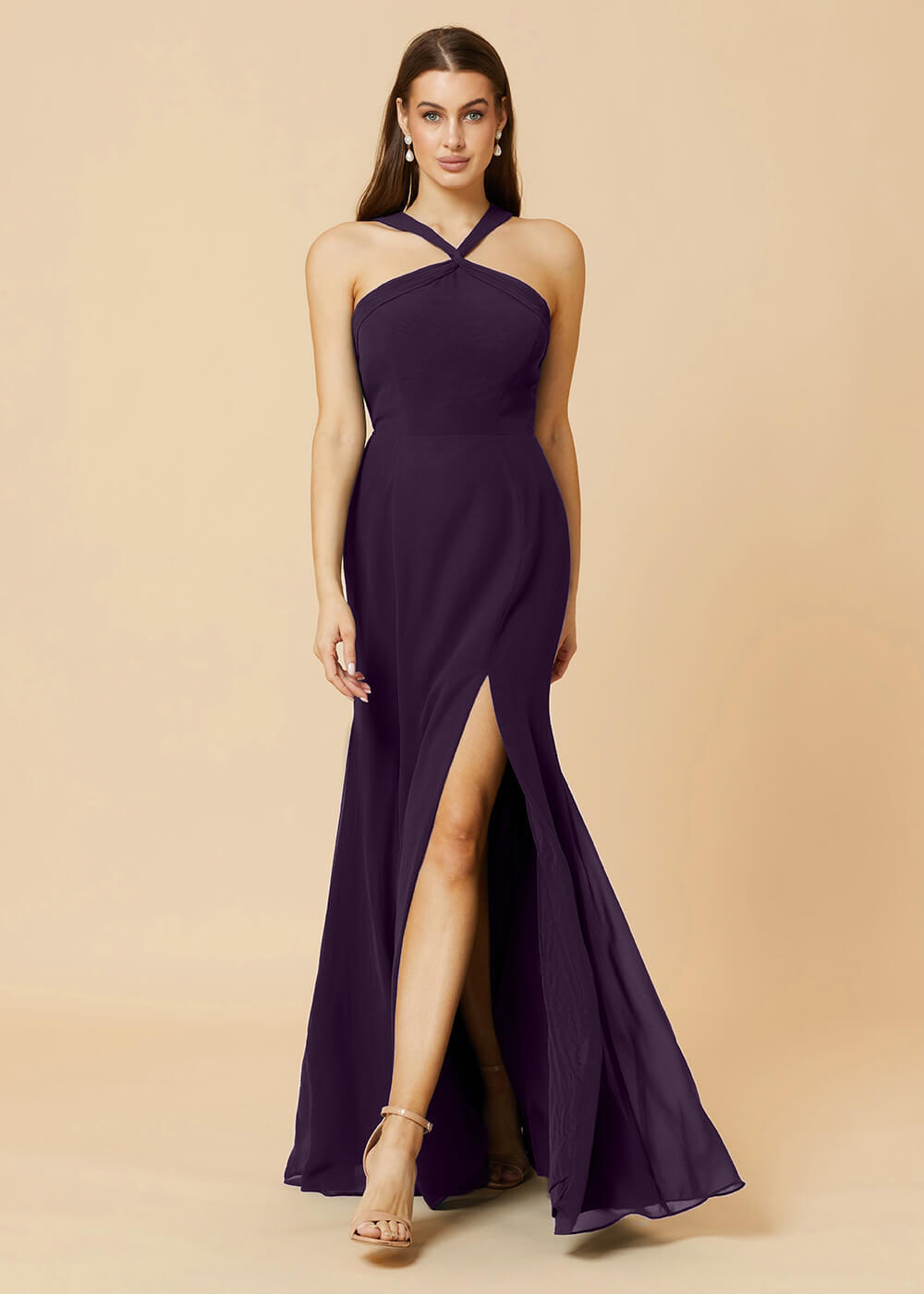 Halter Neck Sheath Chiffon Maxi Bridesmaid Dress