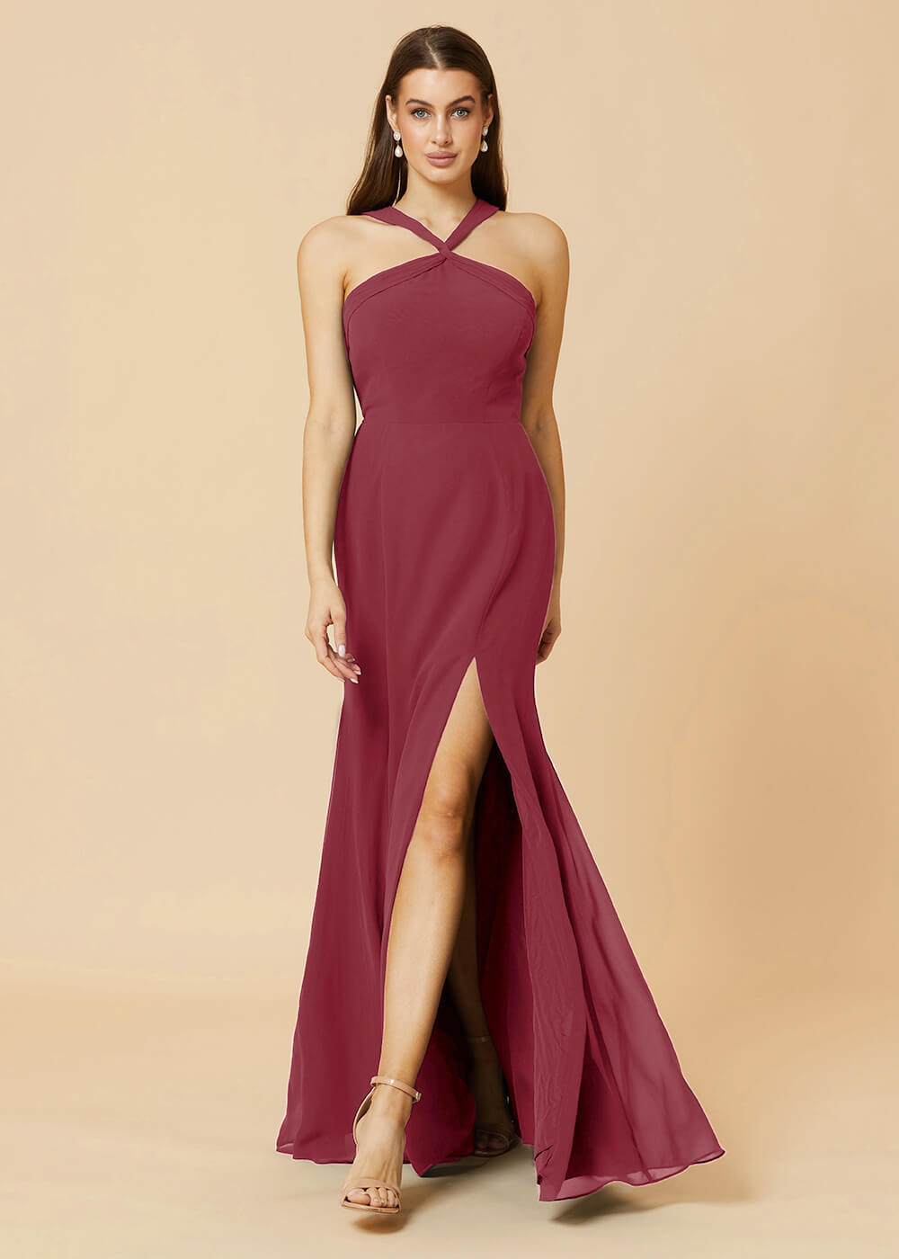 Halter Neck Sheath Chiffon Maxi Bridesmaid Dress