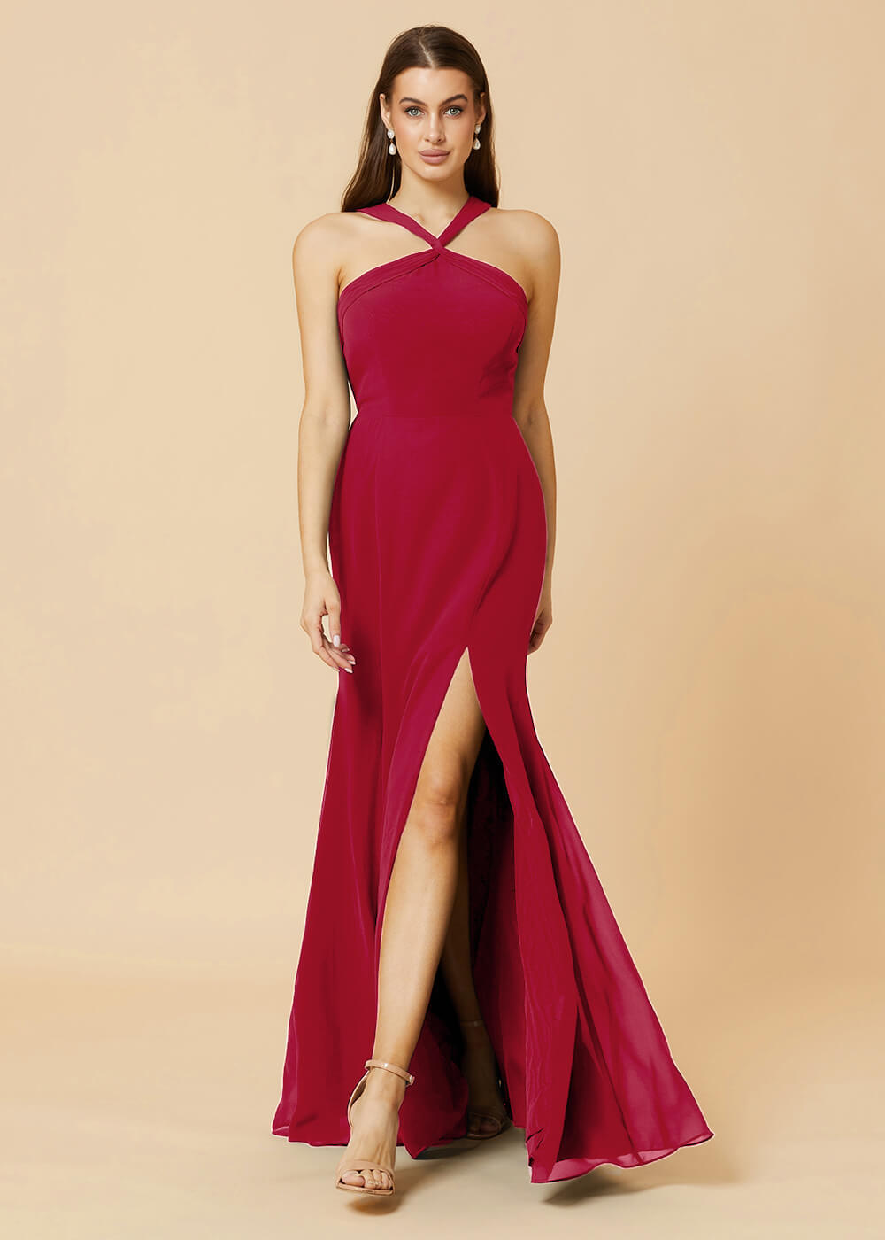 Halter Neck Sheath Chiffon Maxi Bridesmaid Dress