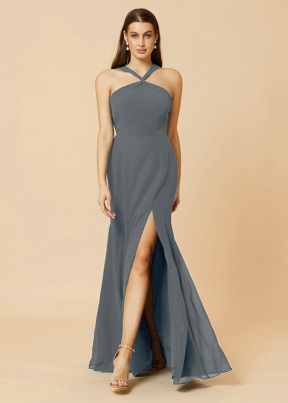 Halter Neck Sheath Chiffon Maxi Bridesmaid Dress
