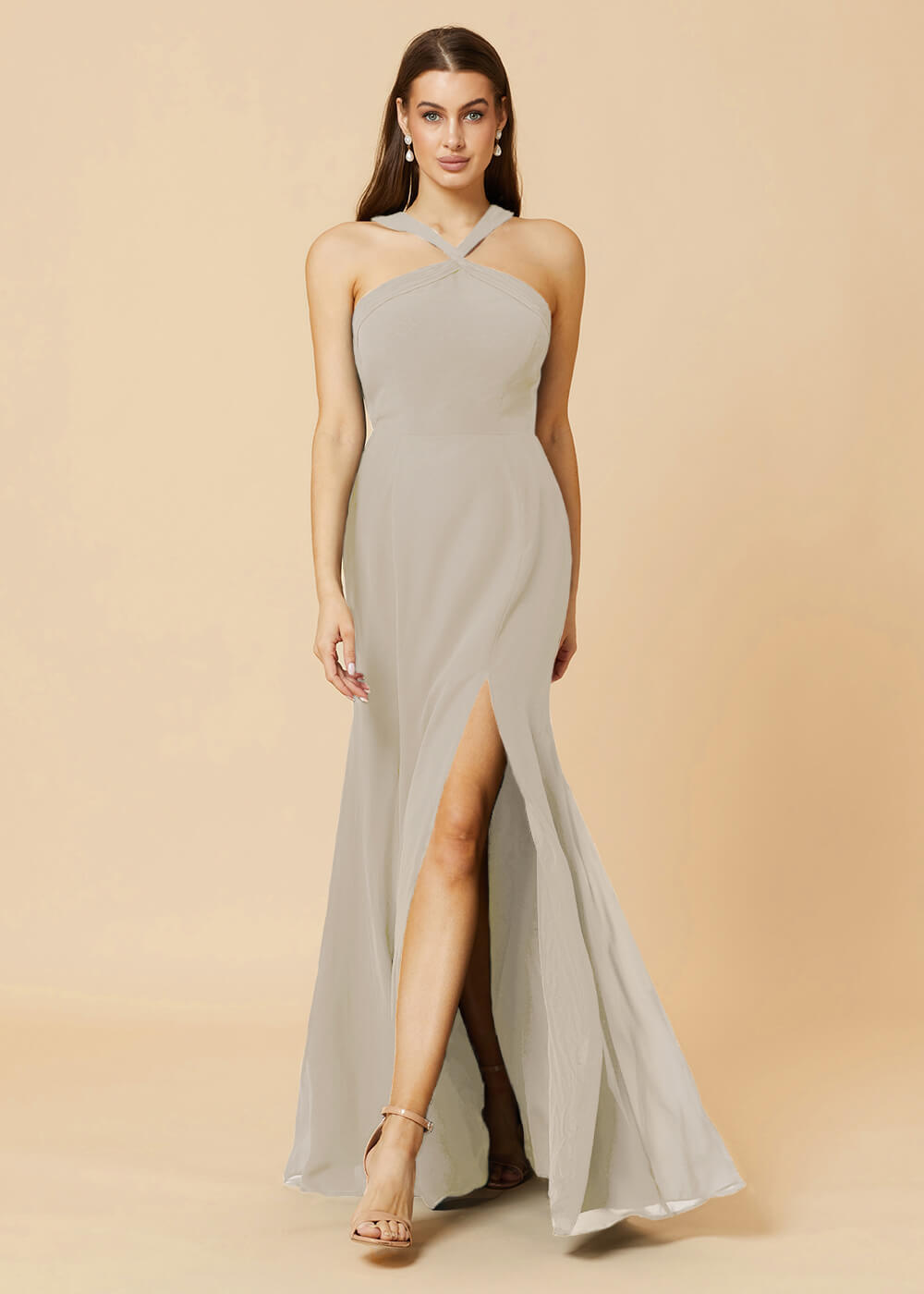 Halter Neck Sheath Chiffon Maxi Bridesmaid Dress