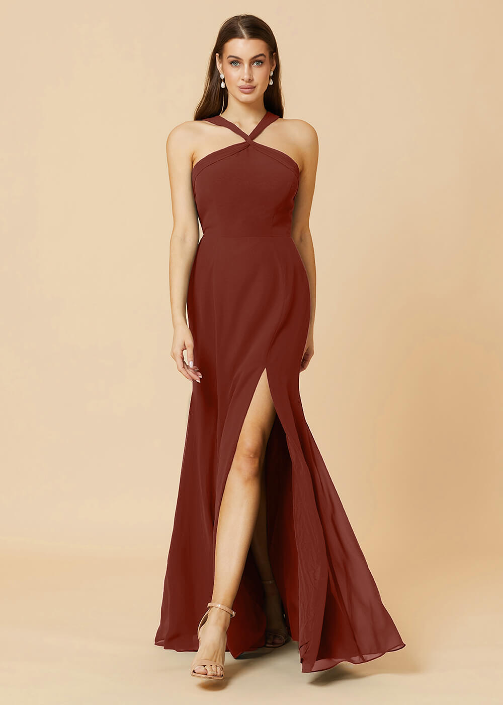 Halter Neck Sheath Chiffon Maxi Bridesmaid Dress