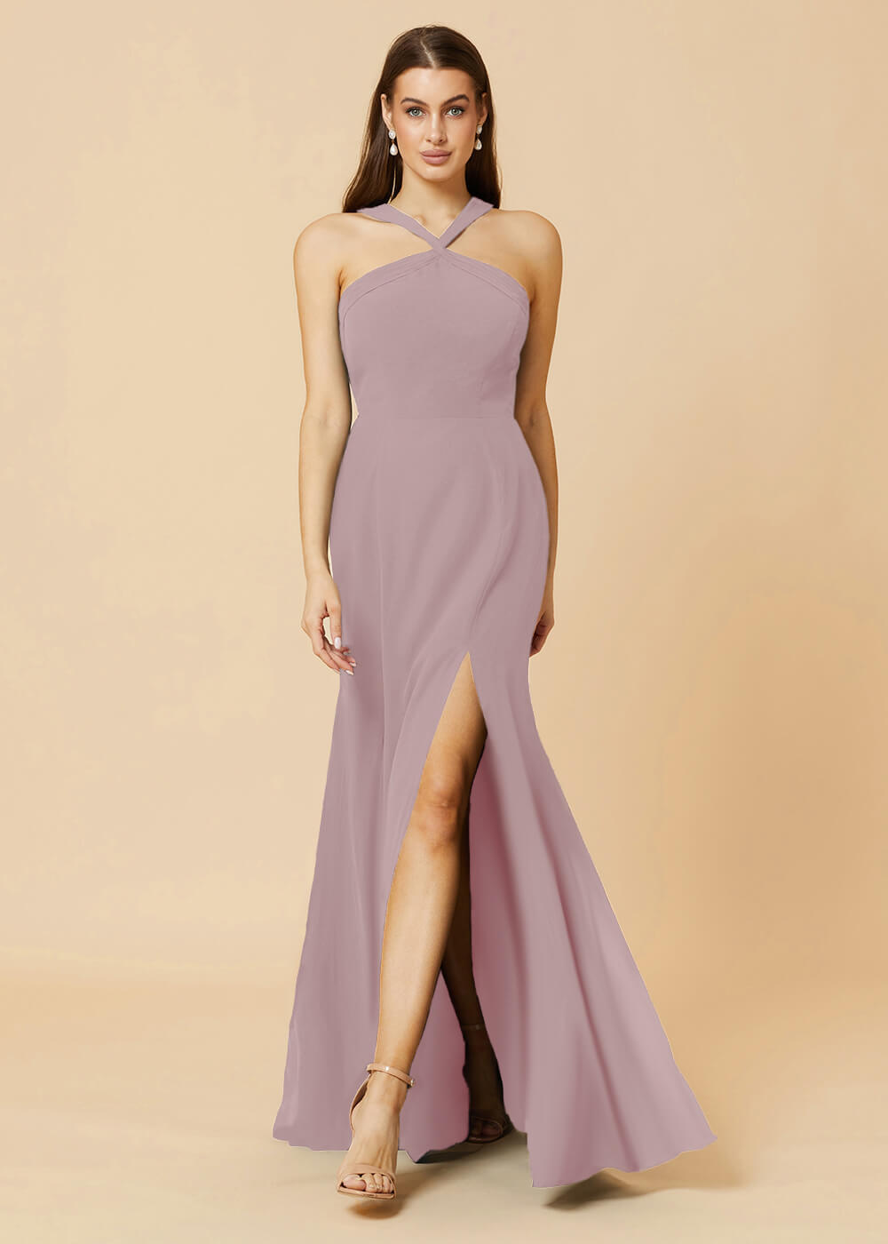 Halter Neck Sheath Chiffon Maxi Bridesmaid Dress