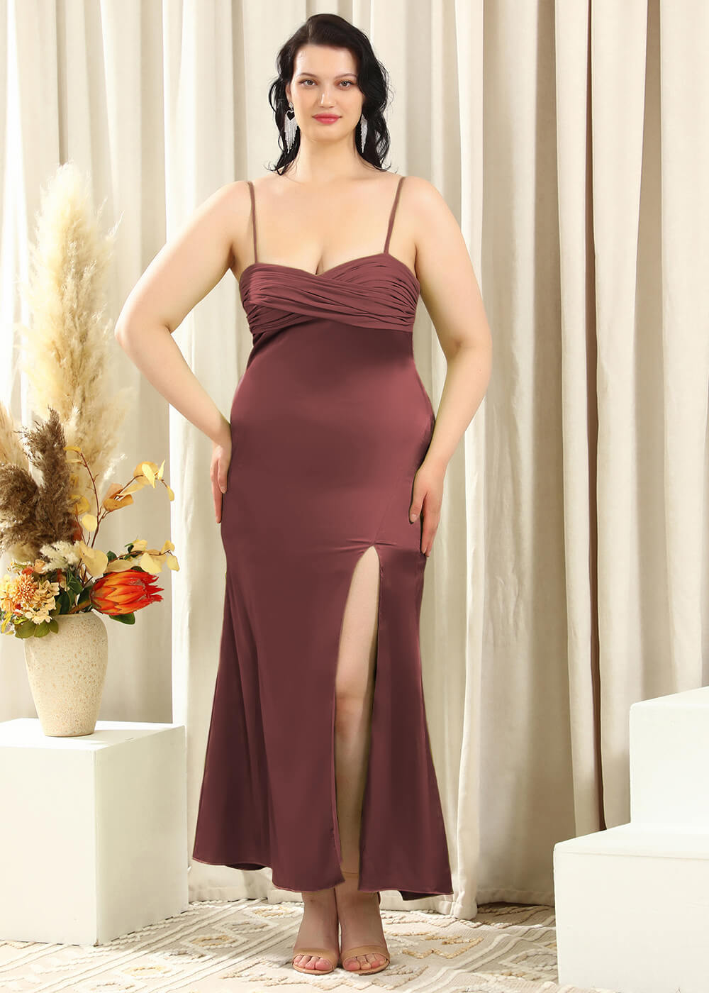Spaghetti Strap Sheath Satin Ankle Length Leg Slit Bridesmaid Dress