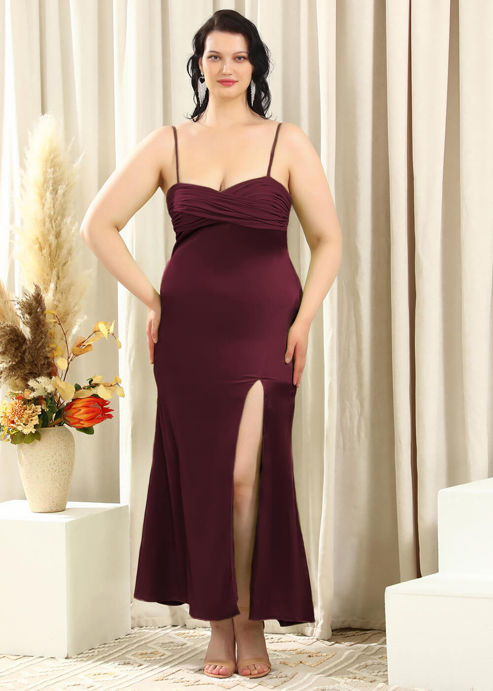 Spaghetti Strap Sheath Satin Ankle Length Leg Slit Bridesmaid Dress