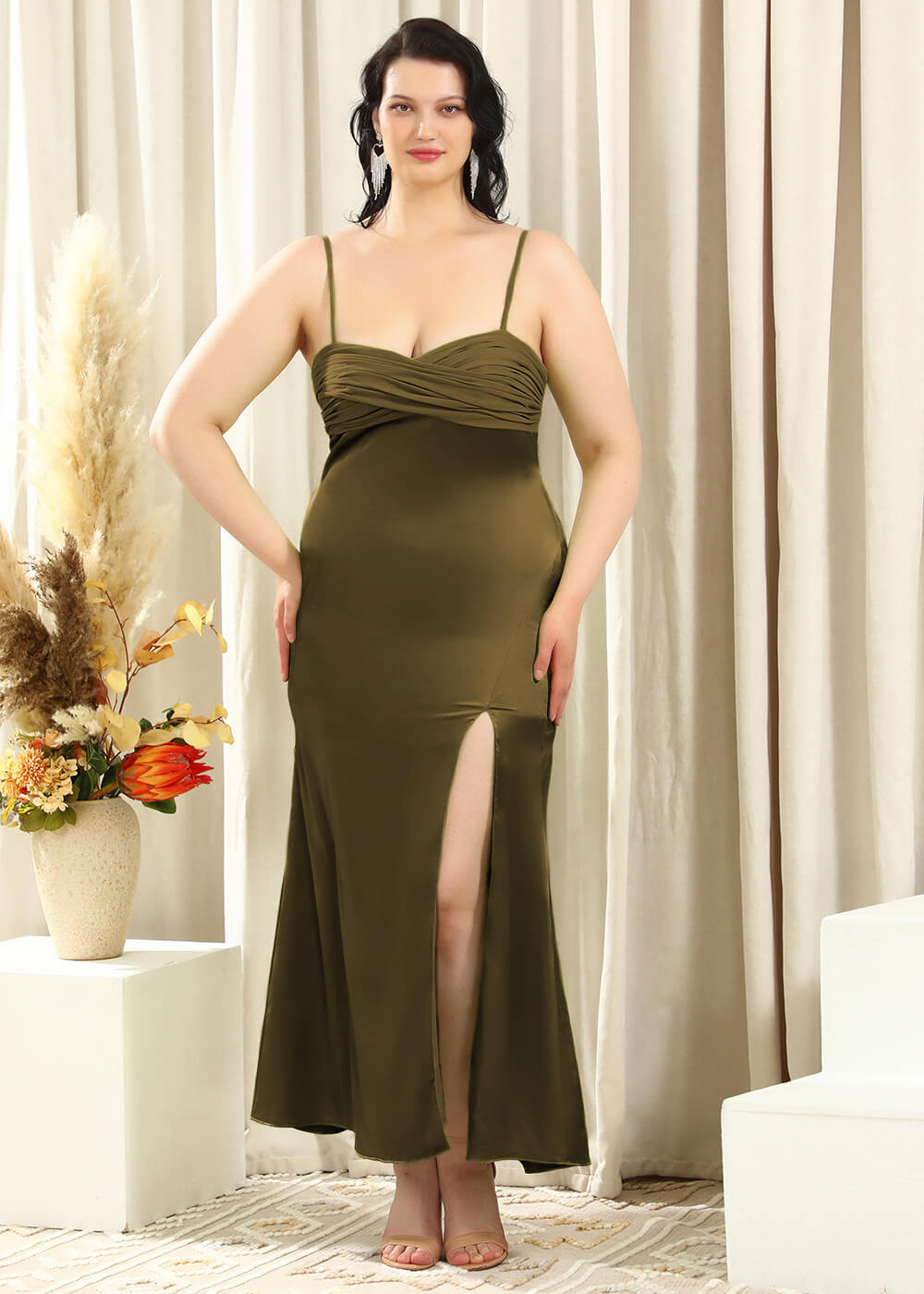 Spaghetti Strap Sheath Satin Ankle Length Leg Slit Bridesmaid Dress