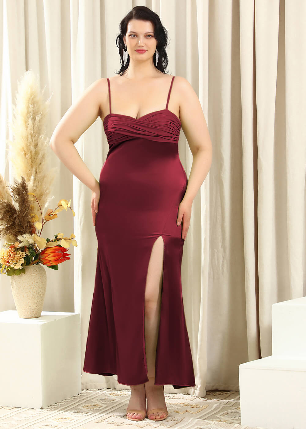 Spaghetti Strap Sheath Satin Ankle Length Leg Slit Bridesmaid Dress