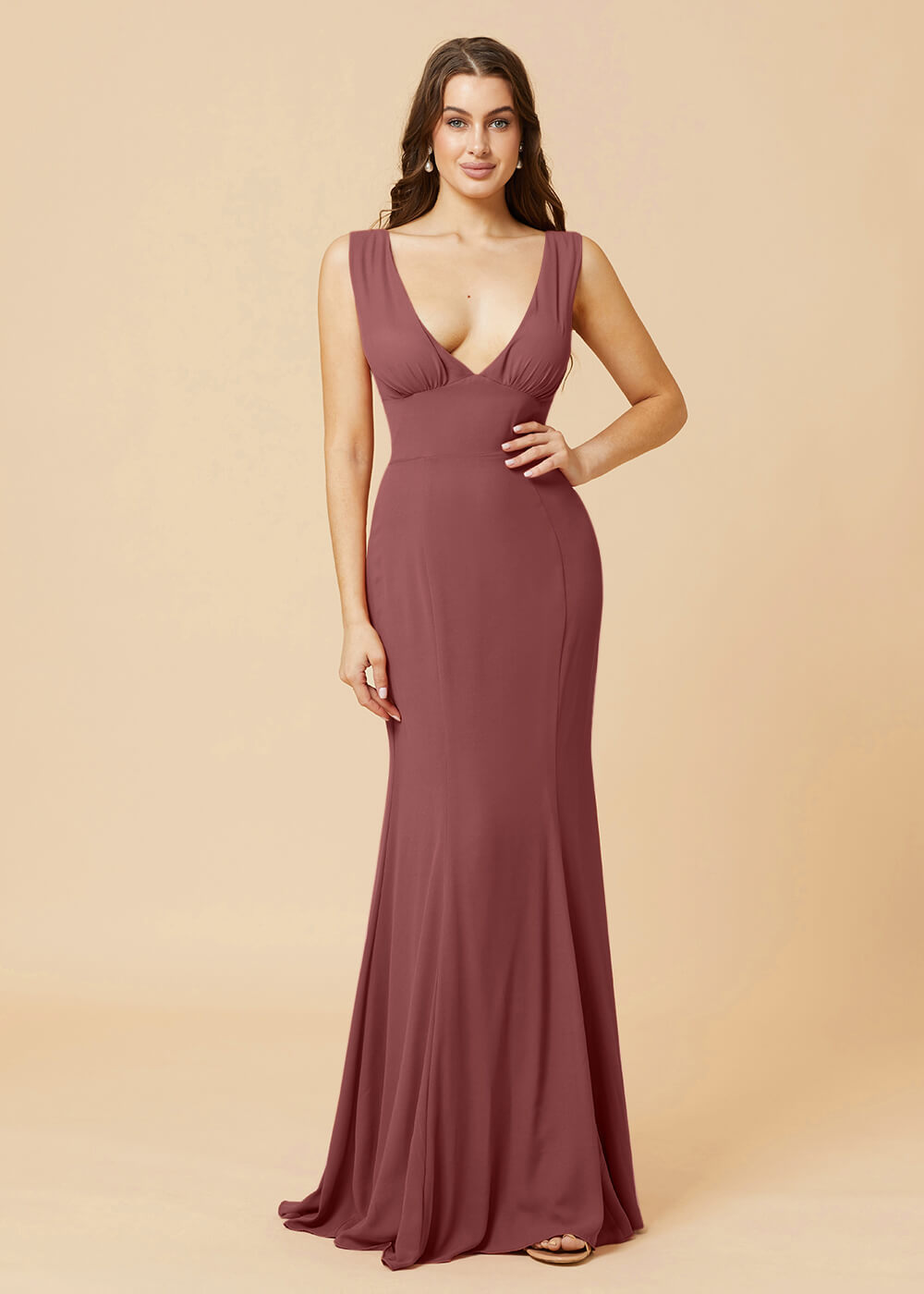 Deep V-neck Sheath Tie Back Chiffon Bridesmaid Dress