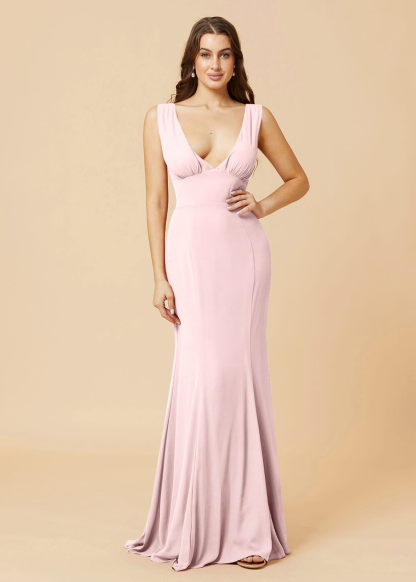Deep V-neck Sheath Tie Back Chiffon Bridesmaid Dress