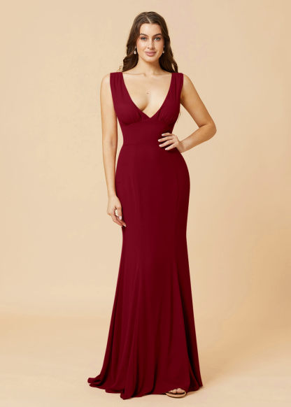 Deep V-neck Sheath Tie Back Chiffon Bridesmaid Dress