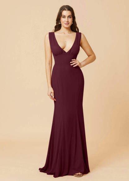 Deep V-neck Sheath Tie Back Chiffon Bridesmaid Dress