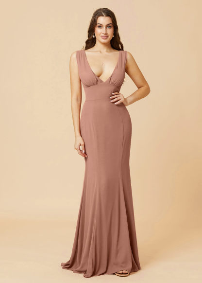 Deep V-neck Sheath Tie Back Chiffon Bridesmaid Dress