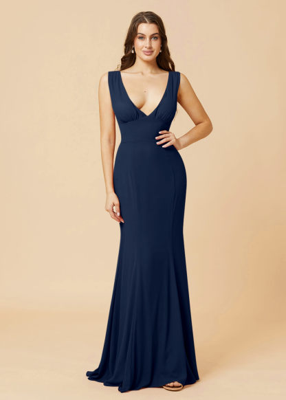 Deep V-neck Sheath Tie Back Chiffon Bridesmaid Dress